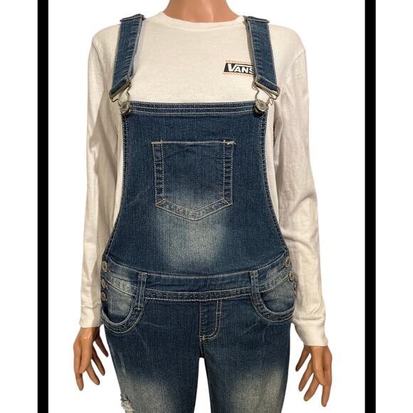 Almost Famous Blue Denim Overalls Juniors Size Small - Picture 4 of 9